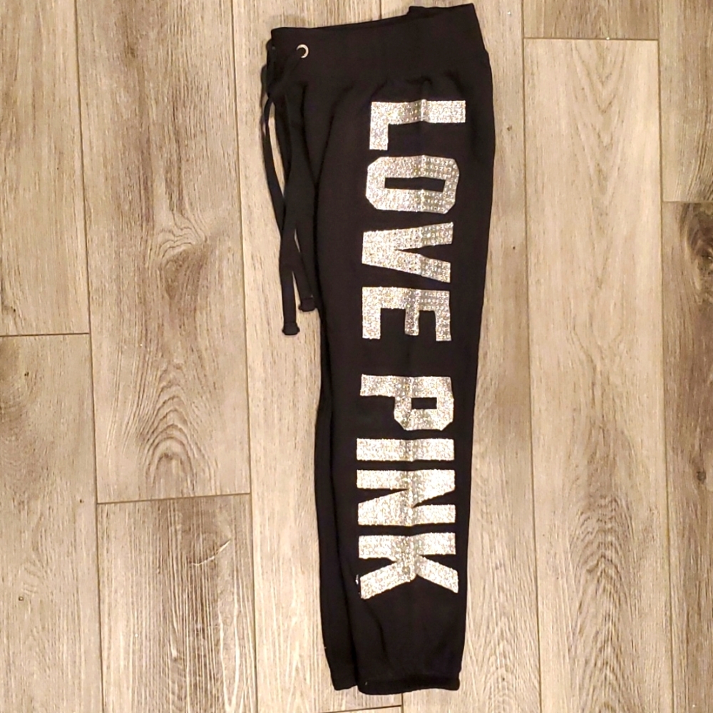 PINK Victoria's Secret Black Jogger Pants with Silver Glitter "LOVE PINK"